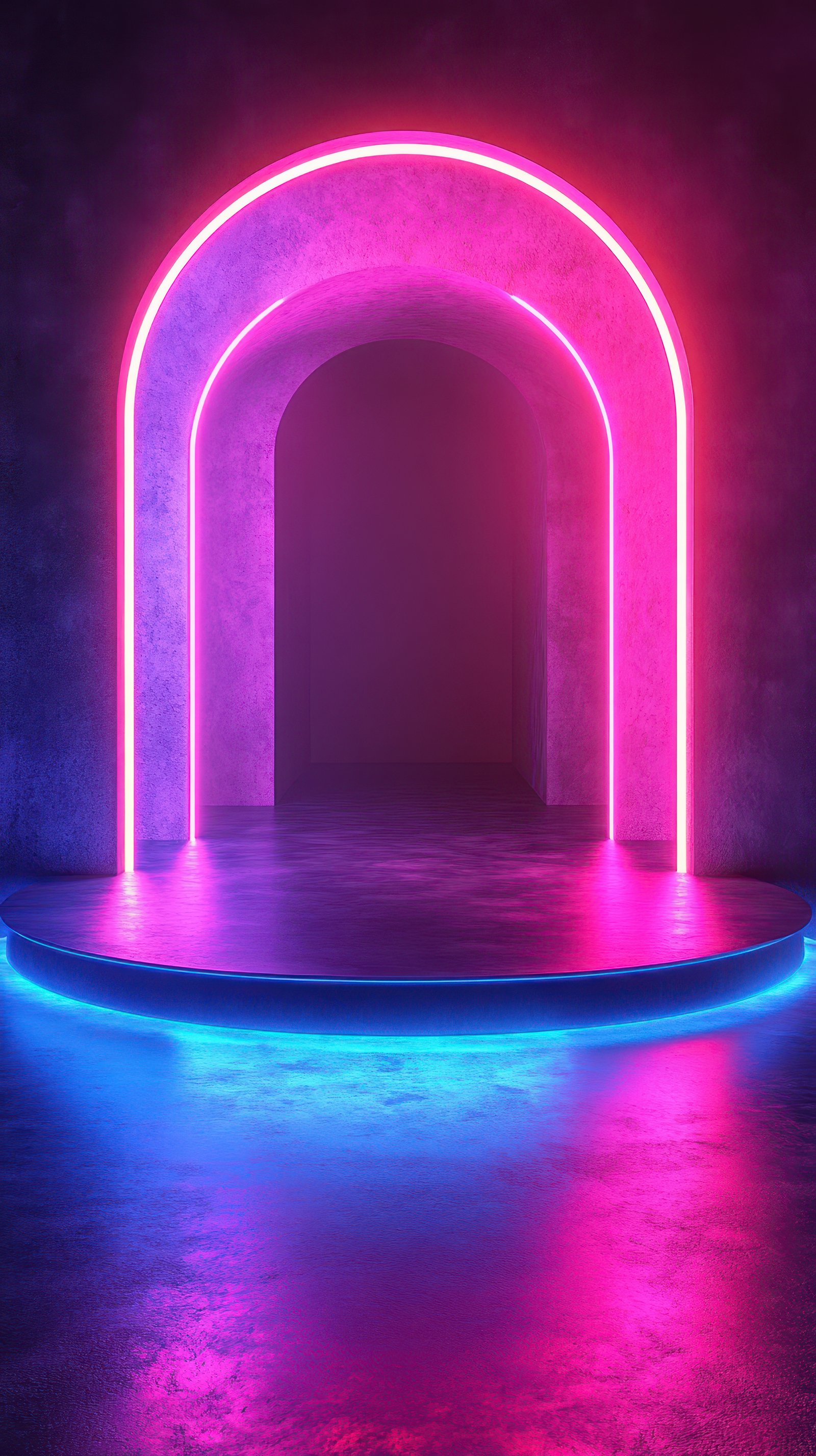 Colorful neon arches create an inviting atmosphere in a dimly lit space with reflective flooring